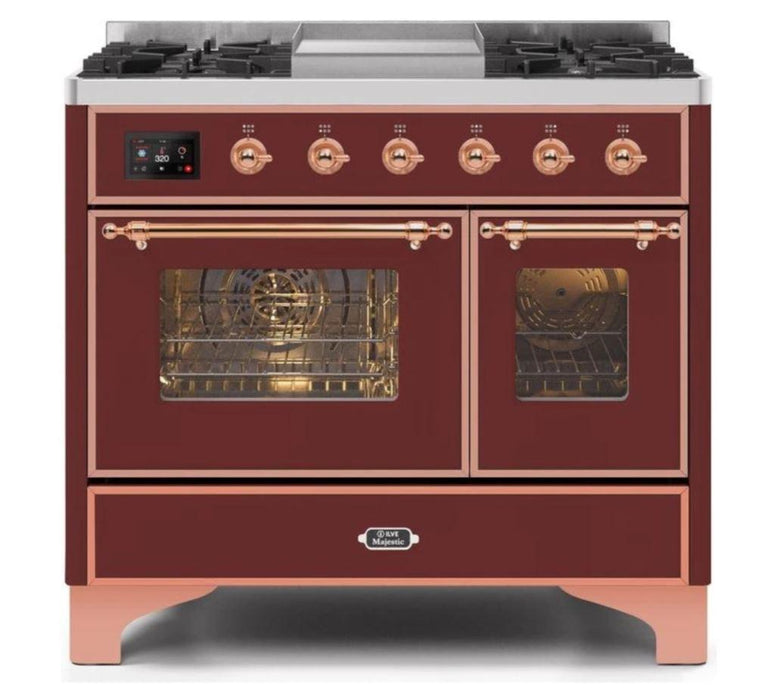 ILVE 40 Inch Majestic II Series Natural Gas/ Propane Gas Burner and Electric Oven with 6 Sealed Burners (UMD10FDNS3) - Burgundy with Copper Trim