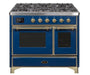 ILVE 40 Inch Majestic II Series Natural Gas/ Propane Gas Burner and Electric Oven with 6 Sealed Burners (UMD10FDNS3) - Midnight Blue with Brass Trim