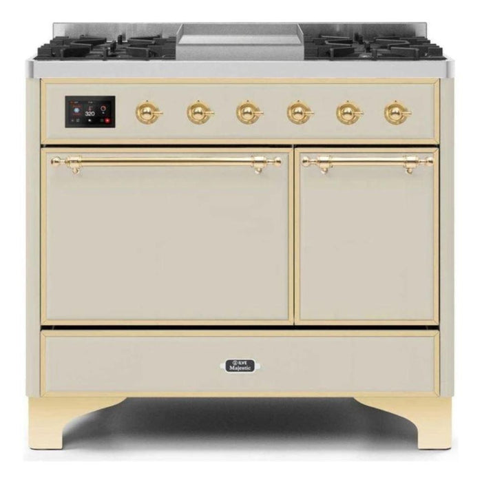 ILVE 40 Inch Majestic II Series Natural/ Propane Gas Burner and Electric Oven Range with 6 Sealed Burners (UMD10FDQNS3) - Antique White with Brass Trim