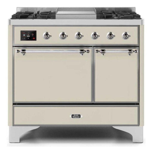 ILVE 40 Inch Majestic II Series Natural/ Propane Gas Burner and Electric Oven Range with 6 Sealed Burners (UMD10FDQNS3) - Antique White with Chrome Trim