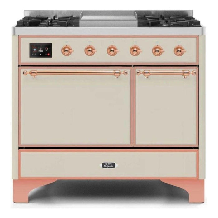 ILVE 40 Inch Majestic II Series Natural/ Propane Gas Burner and Electric Oven Range with 6 Sealed Burners (UMD10FDQNS3) - Antique White with Copper Trim