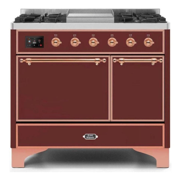 ILVE 40 Inch Majestic II Series Natural/ Propane Gas Burner and Electric Oven Range with 6 Sealed Burners (UMD10FDQNS3) - Burgundy with Copper Trim