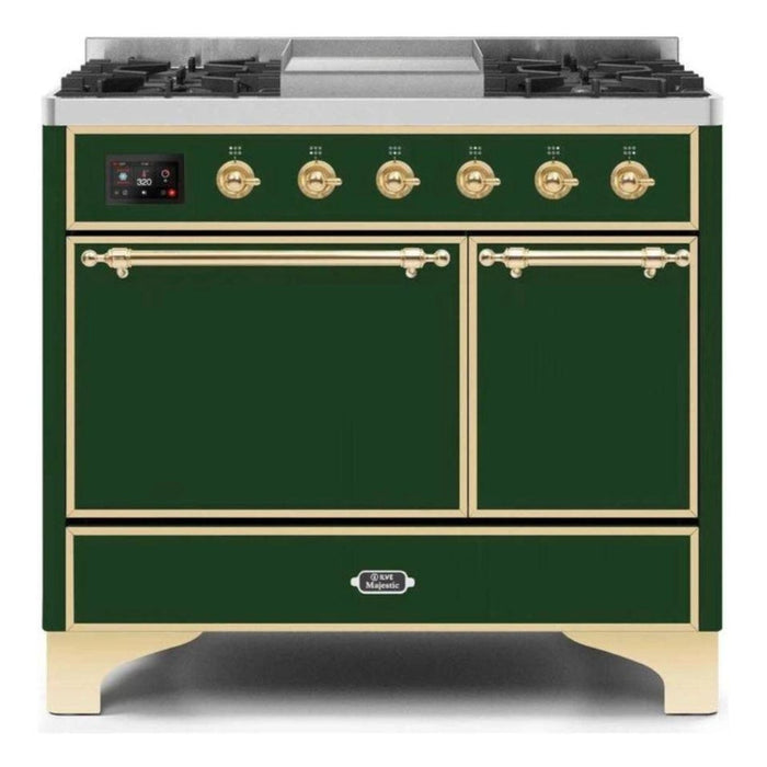 ILVE 40 Inch Majestic II Series Natural/ Propane Gas Burner and Electric Oven Range with 6 Sealed Burners (UMD10FDQNS3) - Emerald Green with Brass Trim