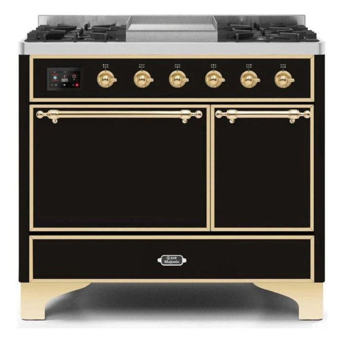 ILVE 40 Inch Majestic II Series Natural/ Propane Gas Burner and Electric Oven Range with 6 Sealed Burners (UMD10FDQNS3) - Glossy Black with Brass Trim