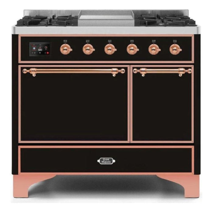 ILVE 40 Inch Majestic II Series Natural/ Propane Gas Burner and Electric Oven Range with 6 Sealed Burners (UMD10FDQNS3) - Glossy Black with Copper Trim