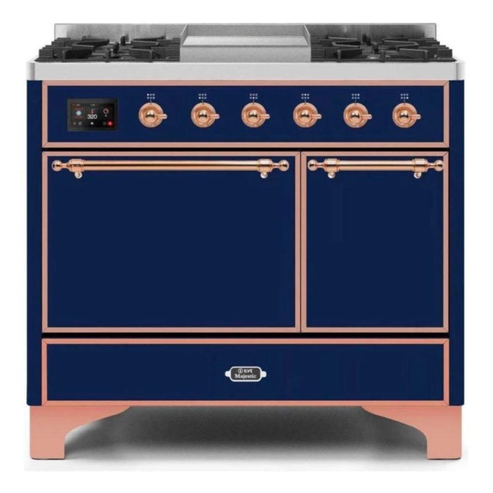 ILVE 40 Inch Majestic II Series Natural/ Propane Gas Burner and Electric Oven Range with 6 Sealed Burners (UMD10FDQNS3) - Midnight Blue with Copper Trim