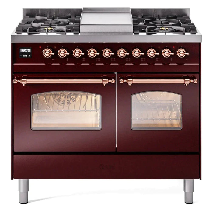 ILVE 40" Nostalgie II Series Freestanding Double Oven Dual Fuel Range with 6 Sealed Burners and Griddle 