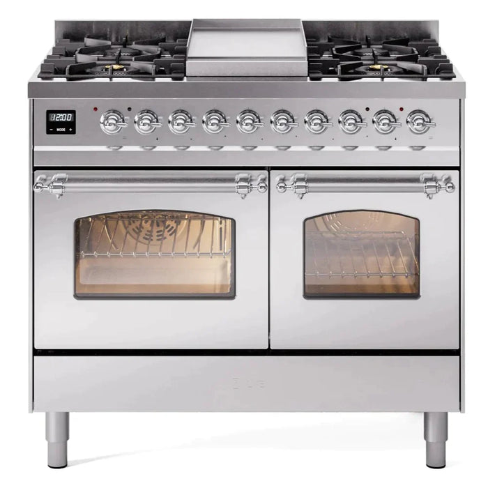 ILVE 40" Nostalgie II Series Freestanding Double Oven Dual Fuel Range with 6 Sealed Burners and Griddle 