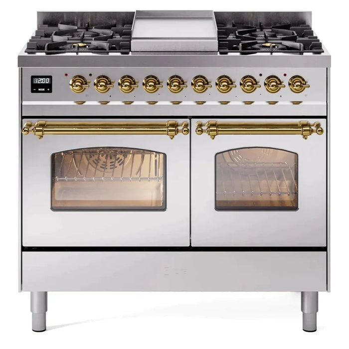 ILVE 40" Nostalgie II Series Freestanding Double Oven Dual Fuel Range with 6 Sealed Burners and Griddle 