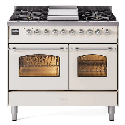 ILVE 40" Nostalgie II Series Freestanding Double Oven Dual Fuel Range with 6 Sealed Burners and Griddle 