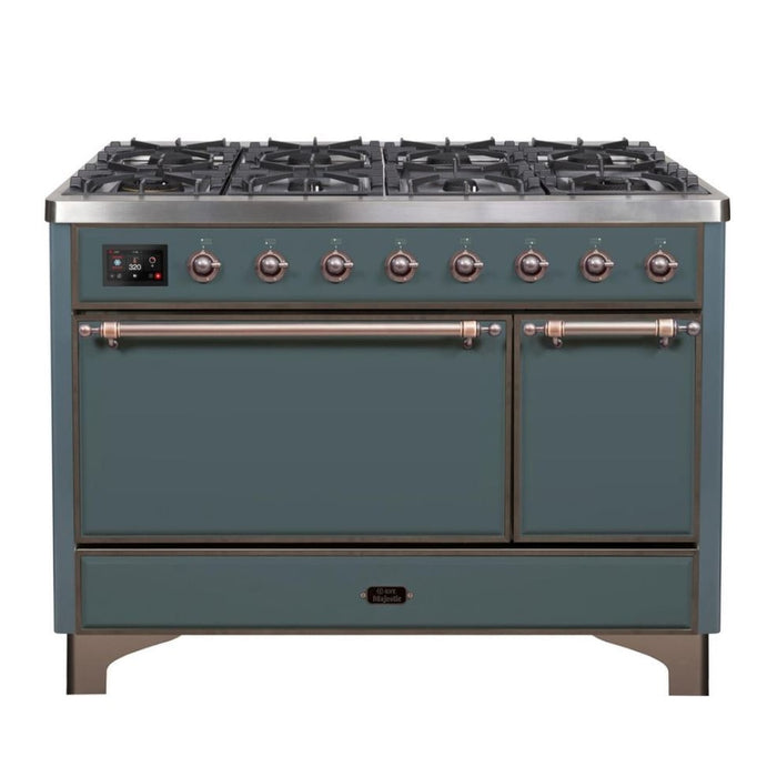 ILVE 48 Inch Majestic II Series Freestanding Dual Fuel Liquid Propane Range with 8 Sealed Brass Non Stick Coated Burners and Griddle (UM12FDQNS3)