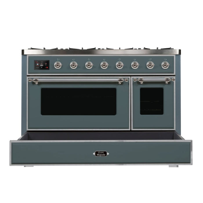 ILVE 48 Inch Majestic II Series Freestanding Dual Fuel Double Oven Range with 8 Sealed Burners, Triple Glass Cool Door, Convection Oven (UM12FDNS)