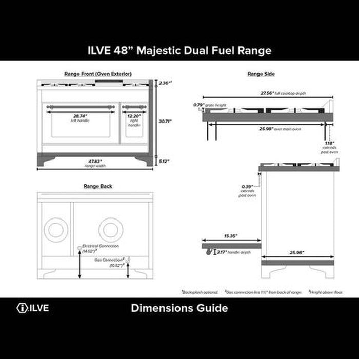 ILVE 48 Inch Majestic II Series Freestanding Dual Fuel Double Oven Range with 8 Sealed Burners, Triple Glass Cool Door, Convection Oven (UM12FDNS)