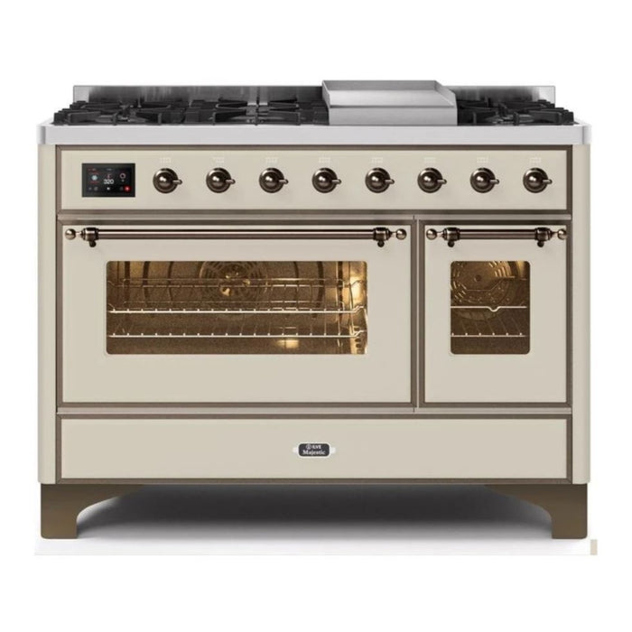 ILVE 48 Inch Majestic II Series Freestanding Dual Fuel Double Oven Range with 8 Sealed Burners, Triple Glass Cool Door, Convection Oven (UM12FDNS)