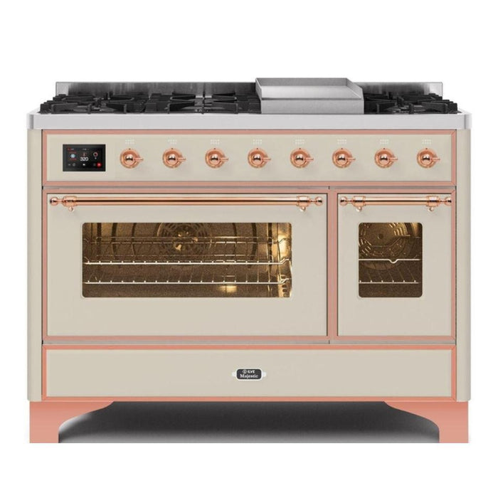 ILVE 48 Inch Majestic II Series Freestanding Dual Fuel Double Oven Range with 8 Sealed Burners, Triple Glass Cool Door, Convection Oven (UM12FDNS)