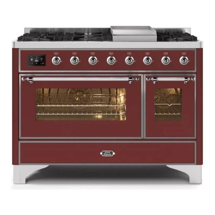 ILVE 48 Inch Majestic II Series Freestanding Dual Fuel Double Oven Range with 8 Sealed Burners, Triple Glass Cool Door, Convection Oven (UM12FDNS)