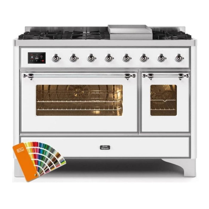 ILVE 48 Inch Majestic II Series Freestanding Dual Fuel Double Oven Range with 8 Sealed Burners, Triple Glass Cool Door, Convection Oven (UM12FDNS)