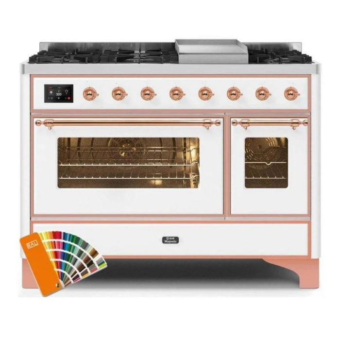 ILVE 48 Inch Majestic II Series Freestanding Dual Fuel Double Oven Range with 8 Sealed Burners, Triple Glass Cool Door, Convection Oven (UM12FDNS)