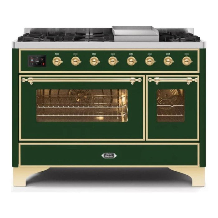 ILVE 48 Inch Majestic II Series Freestanding Dual Fuel Double Oven Range with 8 Sealed Burners, Triple Glass Cool Door, Convection Oven (UM12FDNS)