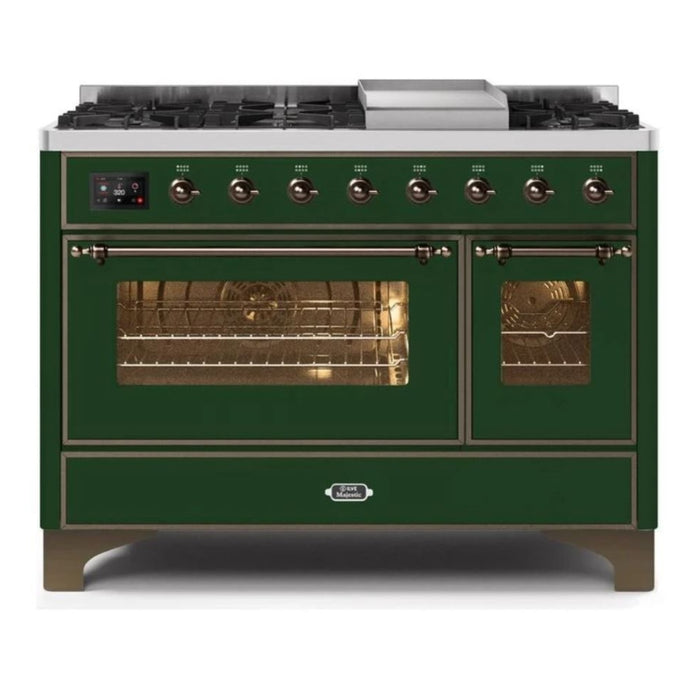 ILVE 48 Inch Majestic II Series Freestanding Dual Fuel Double Oven Range with 8 Sealed Burners, Triple Glass Cool Door, Convection Oven (UM12FDNS)