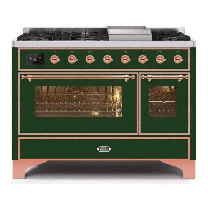 ILVE 48 Inch Majestic II Series Freestanding Dual Fuel Double Oven Range with 8 Sealed Burners, Triple Glass Cool Door, Convection Oven (UM12FDNS)