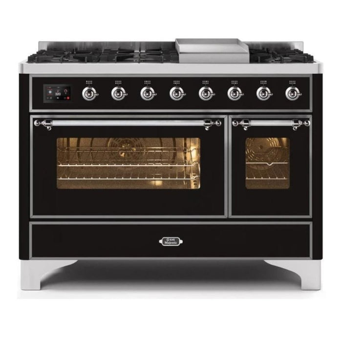 ILVE 48 Inch Majestic II Series Freestanding Dual Fuel Double Oven Range with 8 Sealed Burners, Triple Glass Cool Door, Convection Oven (UM12FDNS)