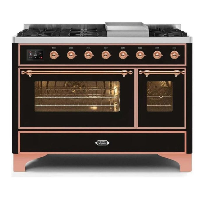 ILVE 48 Inch Majestic II Series Freestanding Dual Fuel Double Oven Range with 8 Sealed Burners, Triple Glass Cool Door, Convection Oven (UM12FDNS)