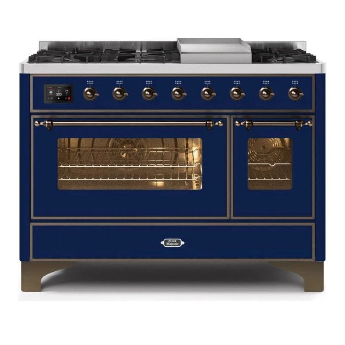 ILVE 48 Inch Majestic II Series Freestanding Dual Fuel Double Oven Range with 8 Sealed Burners, Triple Glass Cool Door, Convection Oven (UM12FDNS)