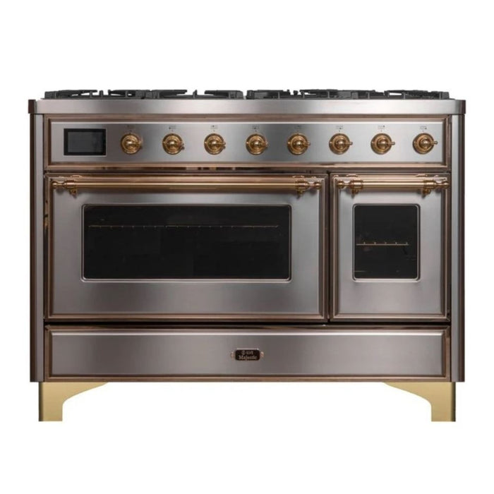 ILVE 48 Inch Majestic II Series Freestanding Dual Fuel Double Oven Range with 8 Sealed Burners, Triple Glass Cool Door, Convection Oven (UM12FDNS)