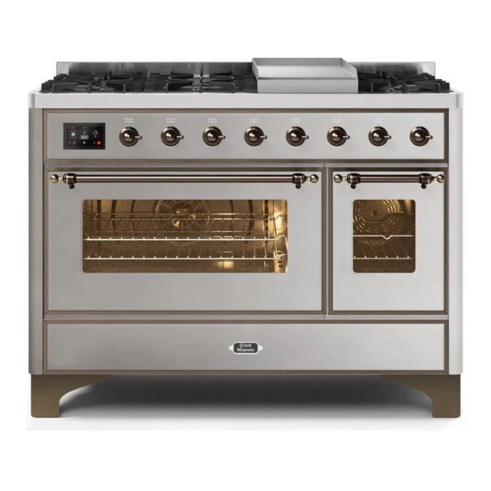 ILVE 48 Inch Majestic II Series Freestanding Dual Fuel Double Oven Range with 8 Sealed Burners, Triple Glass Cool Door, Convection Oven (UM12FDNS)