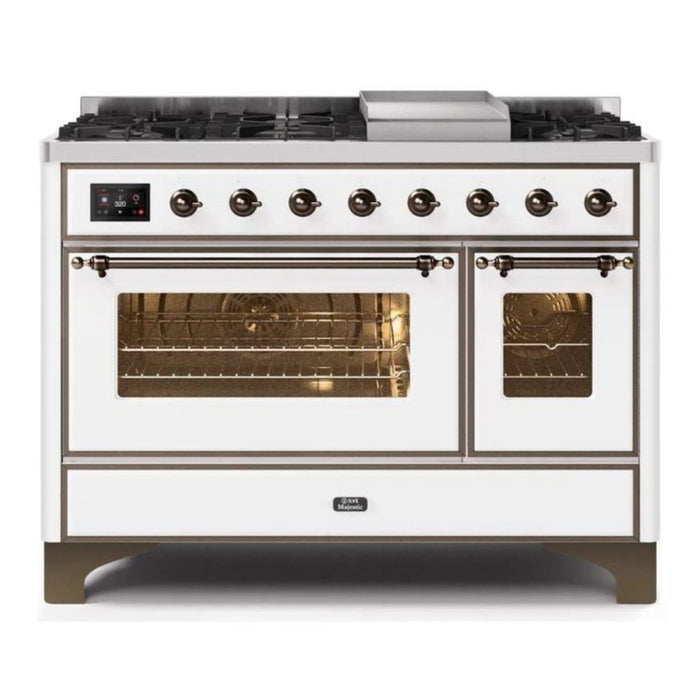 ILVE 48 Inch Majestic II Series Freestanding Dual Fuel Double Oven Range with 8 Sealed Burners, Triple Glass Cool Door, Convection Oven (UM12FDNS)