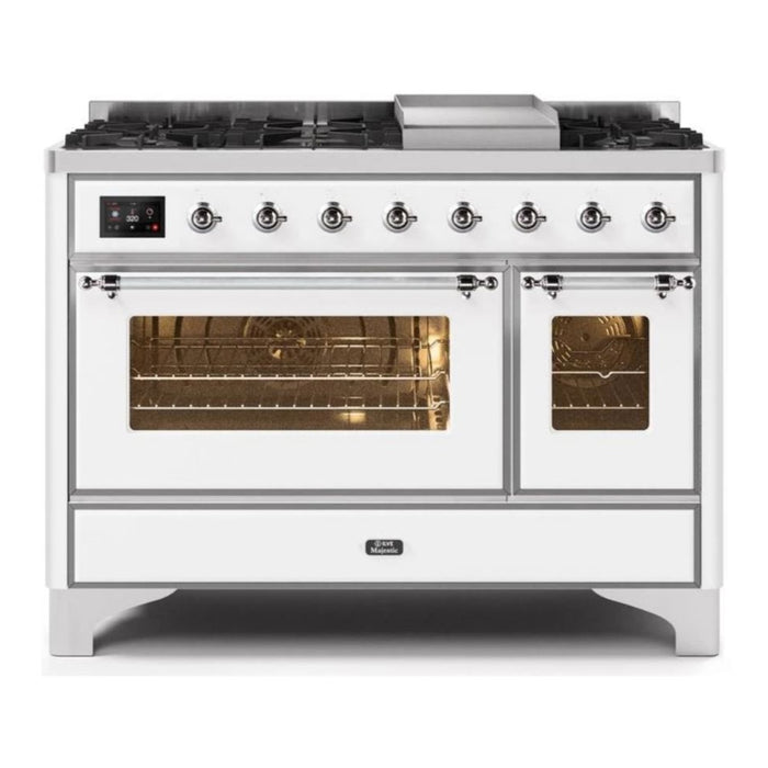 ILVE 48 Inch Majestic II Series Freestanding Dual Fuel Double Oven Range with 8 Sealed Burners, Triple Glass Cool Door, Convection Oven (UM12FDNS)