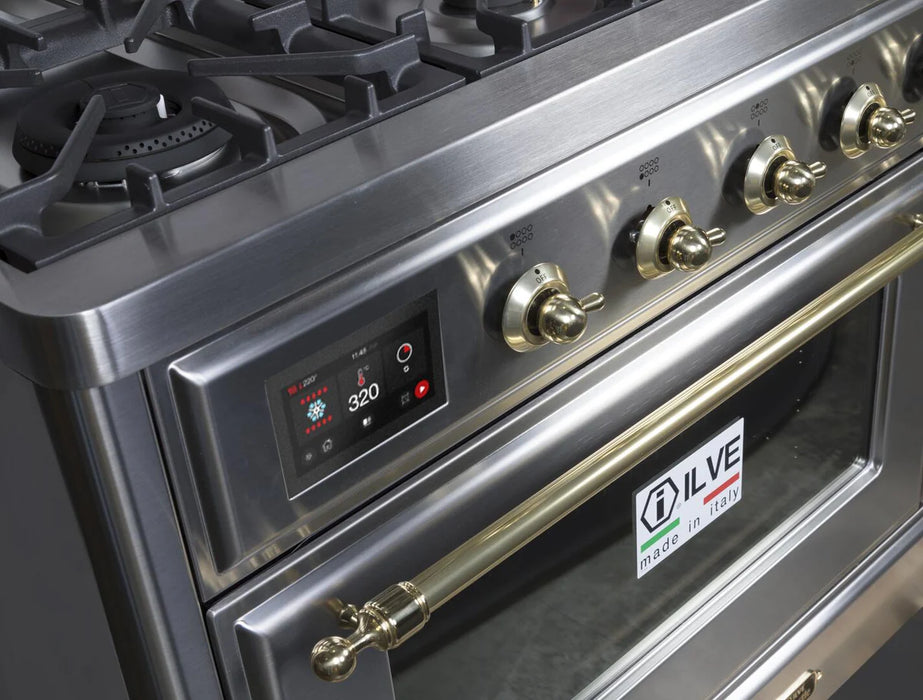 ILVE 48 Inch Majestic II Dual Fuel Range with 8 Sealed Burners, Triple Glass Cool Door, Convection Oven (UM12FDNS)