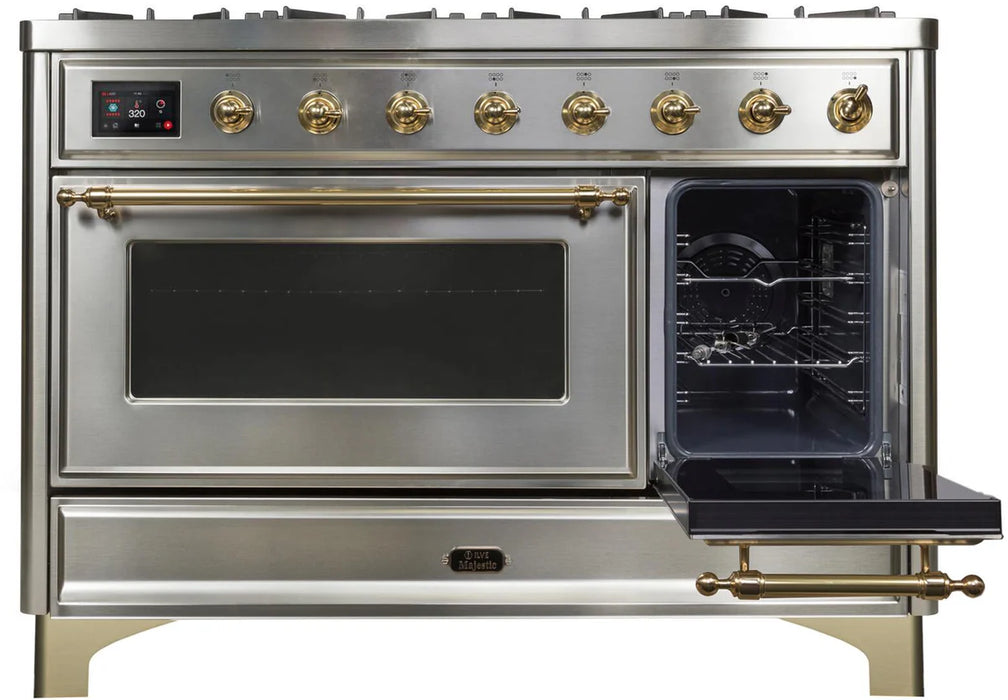 ILVE 48 Inch Majestic II Dual Fuel Range with 8 Sealed Burners, Triple Glass Cool Door, Convection Oven (UM12FDNS)