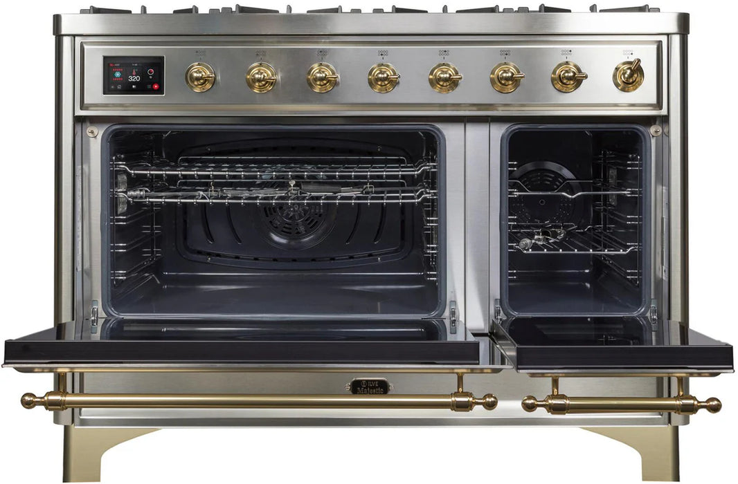 ILVE 48 Inch Majestic II Dual Fuel Range with 8 Sealed Burners, Triple Glass Cool Door, Convection Oven (UM12FDNS)