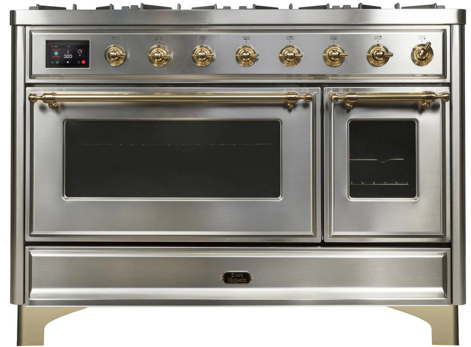 ILVE 48 Inch Majestic II Dual Fuel Range with 8 Sealed Burners, Triple Glass Cool Door, Convection Oven (UM12FDNS)