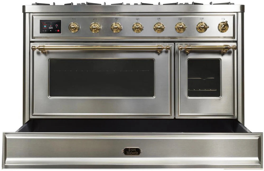 ILVE 48 Inch Majestic II Dual Fuel Range with 8 Sealed Burners, Triple Glass Cool Door, Convection Oven (UM12FDNS)
