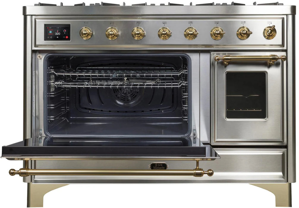 ILVE 48 Inch Majestic II Dual Fuel Range with 8 Sealed Burners, Triple Glass Cool Door, Convection Oven (UM12FDNS)