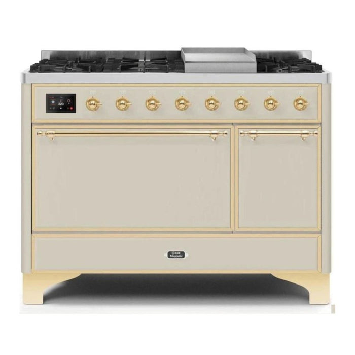 ILVE 48 Inch Majestic II Series Freestanding Dual Fuel Liquid Propane Range with 8 Sealed Brass Non Stick Coated Burners and Griddle (UM12FDQNS3)