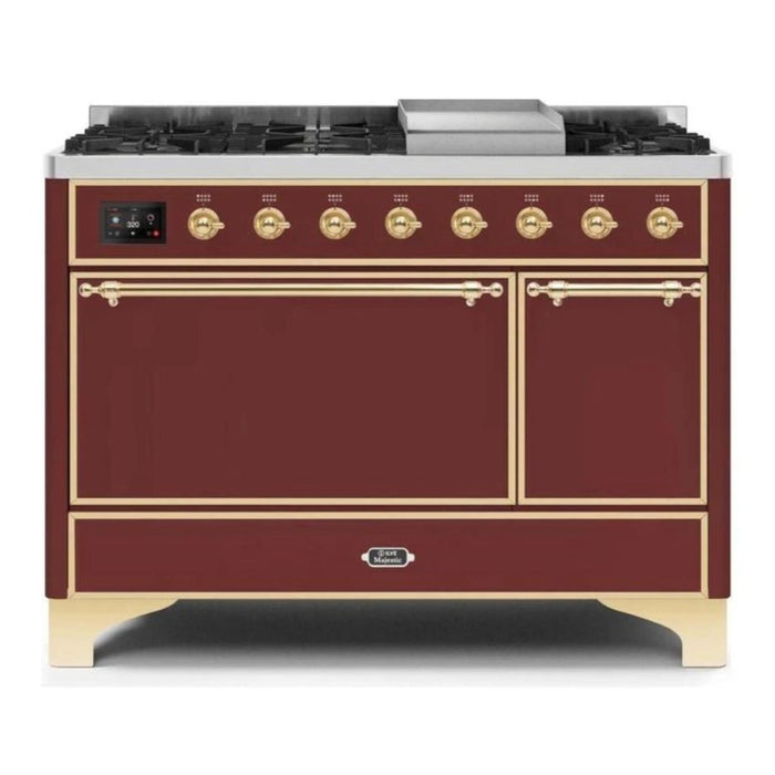 ILVE 48 Inch Majestic II Series Freestanding Dual Fuel Liquid Propane Range with 8 Sealed Brass Non Stick Coated Burners and Griddle (UM12FDQNS3)