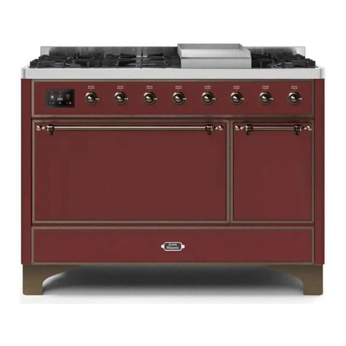 ILVE 48 Inch Majestic II Series Freestanding Dual Fuel Liquid Propane Range with 8 Sealed Brass Non Stick Coated Burners and Griddle (UM12FDQNS3)