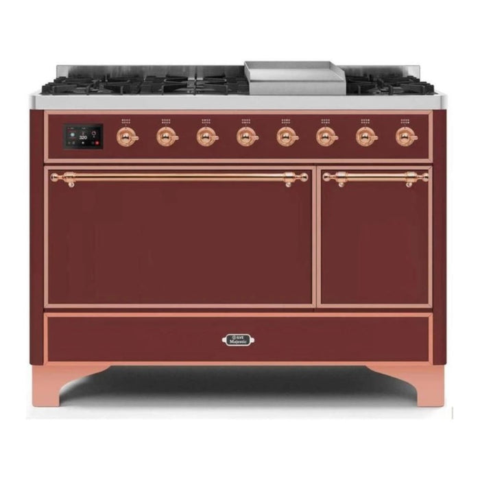 ILVE 48 Inch Majestic II Series Freestanding Dual Fuel Liquid Propane Range with 8 Sealed Brass Non Stick Coated Burners and Griddle (UM12FDQNS3)