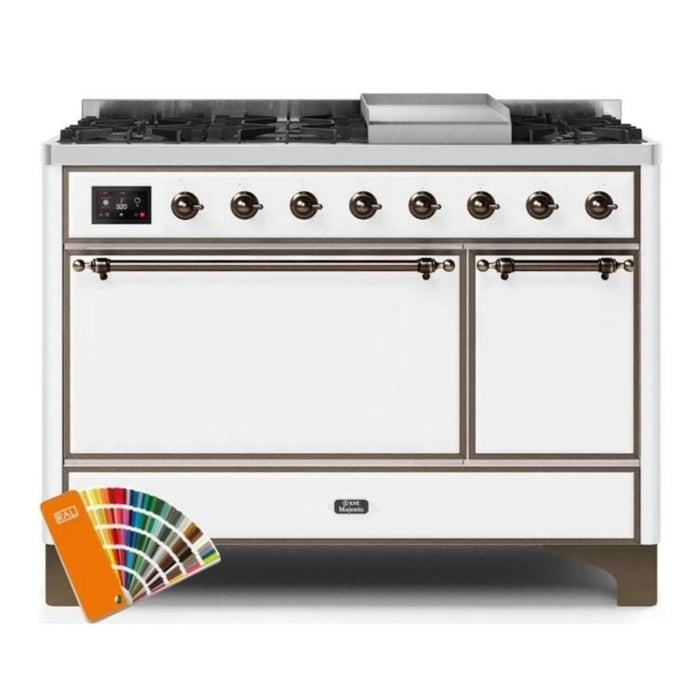 ILVE 48 Inch Majestic II Series Freestanding Dual Fuel Liquid Propane Range with 8 Sealed Brass Non Stick Coated Burners and Griddle (UM12FDQNS3)