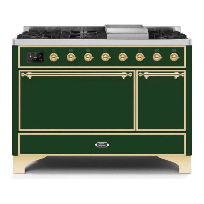 ILVE 48 Inch Majestic II Series Freestanding Dual Fuel Liquid Propane Range with 8 Sealed Brass Non Stick Coated Burners and Griddle (UM12FDQNS3)