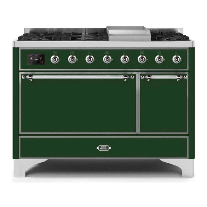 ILVE 48 Inch Majestic II Series Freestanding Dual Fuel Liquid Propane Range with 8 Sealed Brass Non Stick Coated Burners and Griddle (UM12FDQNS3)