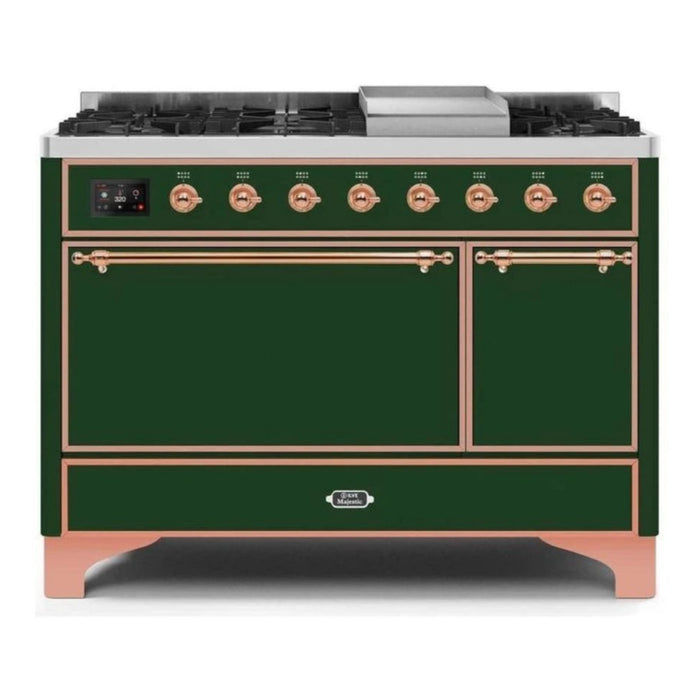 ILVE 48 Inch Majestic II Series Freestanding Dual Fuel Liquid Propane Range with 8 Sealed Brass Non Stick Coated Burners and Griddle (UM12FDQNS3)