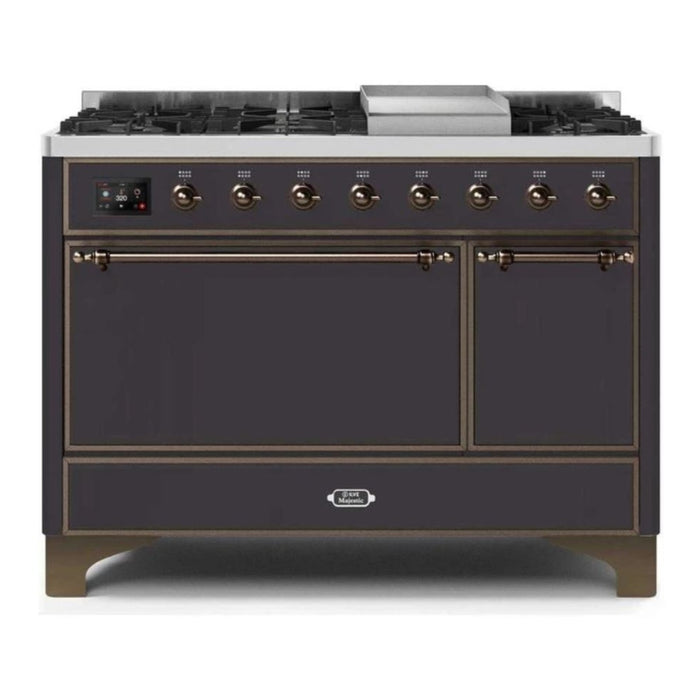 ILVE 48 Inch Majestic II Series Freestanding Dual Fuel Liquid Propane Range with 8 Sealed Brass Non Stick Coated Burners and Griddle (UM12FDQNS3)