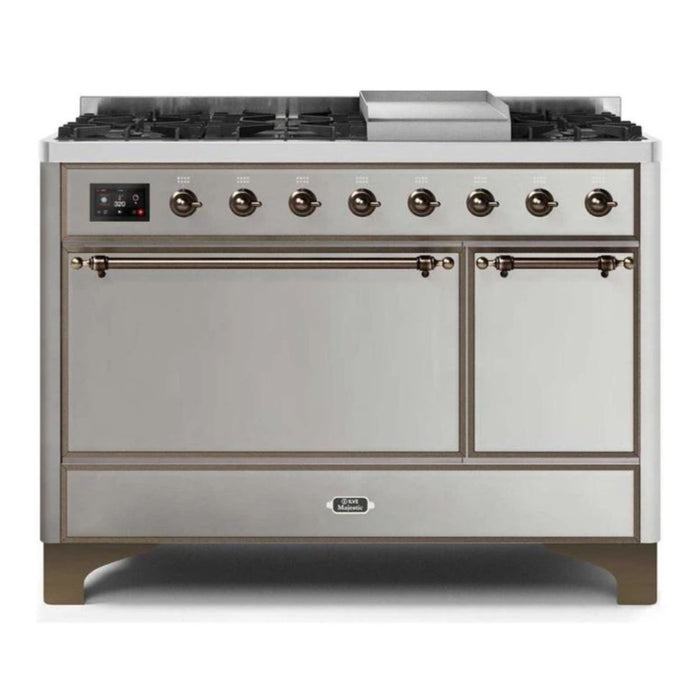 ILVE 48 Inch Majestic II Series Freestanding Dual Fuel Liquid Propane Range with 8 Sealed Brass Non Stick Coated Burners and Griddle (UM12FDQNS3)