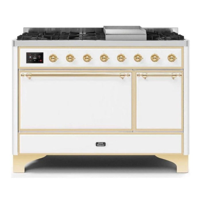 ILVE 48 Inch Majestic II Series Freestanding Dual Fuel Liquid Propane Range with 8 Sealed Brass Non Stick Coated Burners and Griddle (UM12FDQNS3)