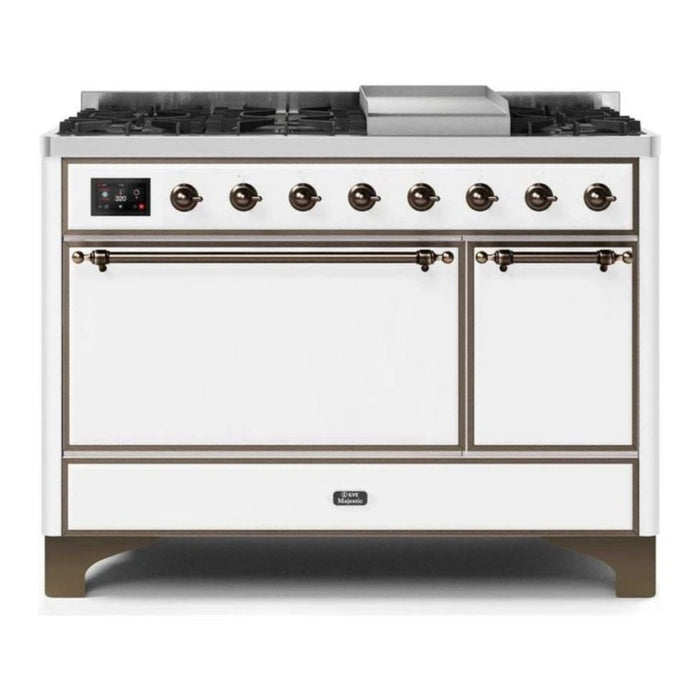 ILVE 48 Inch Majestic II Series Freestanding Dual Fuel Liquid Propane Range with 8 Sealed Brass Non Stick Coated Burners and Griddle (UM12FDQNS3)